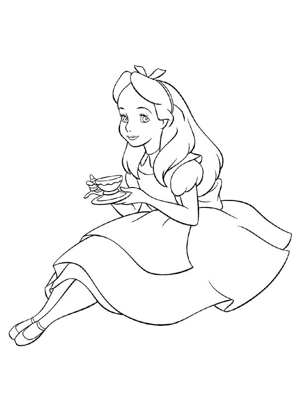 Ausmalbild alice trinkt tee