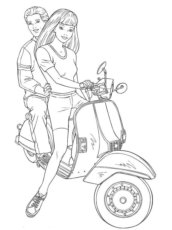 Ausmalbild barbie und ken auf dem roller