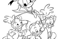 Ausmalbild donald duck mit tick trick und track
