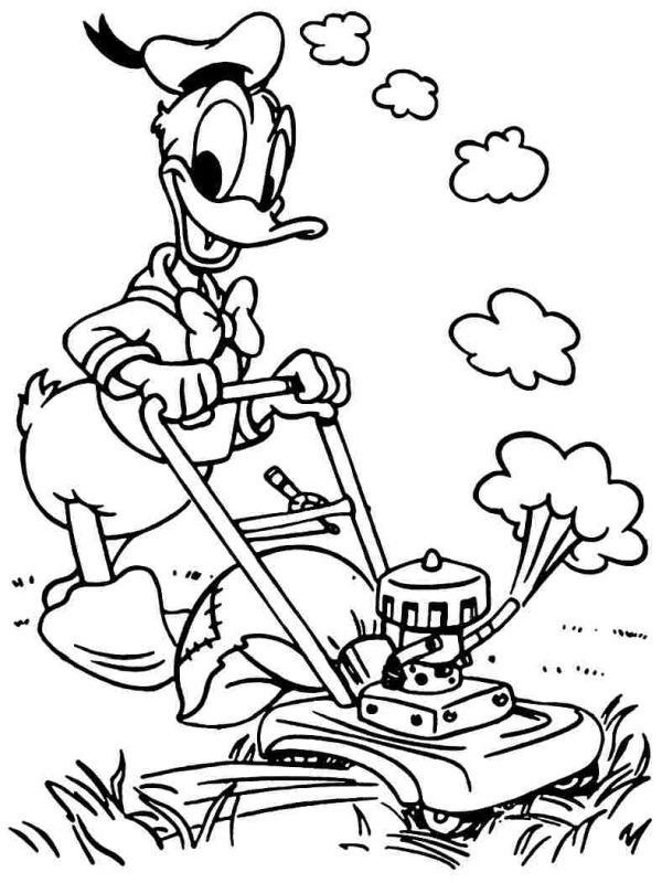 Ausmalbild donald duck schneidet gras