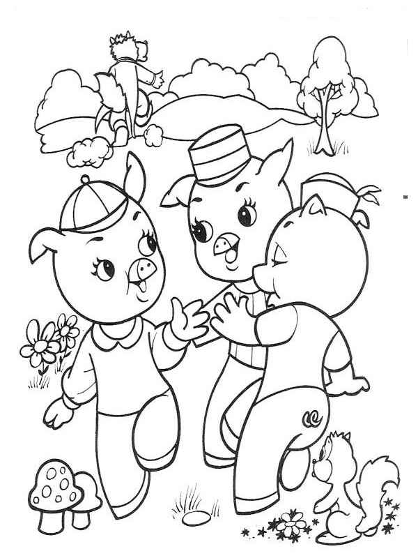 Ausmalbild drei kleine schweinchen und der wolf