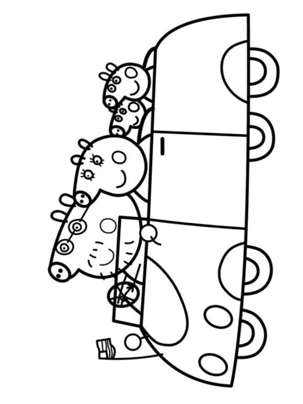 Ausmalbild familie pig im auto