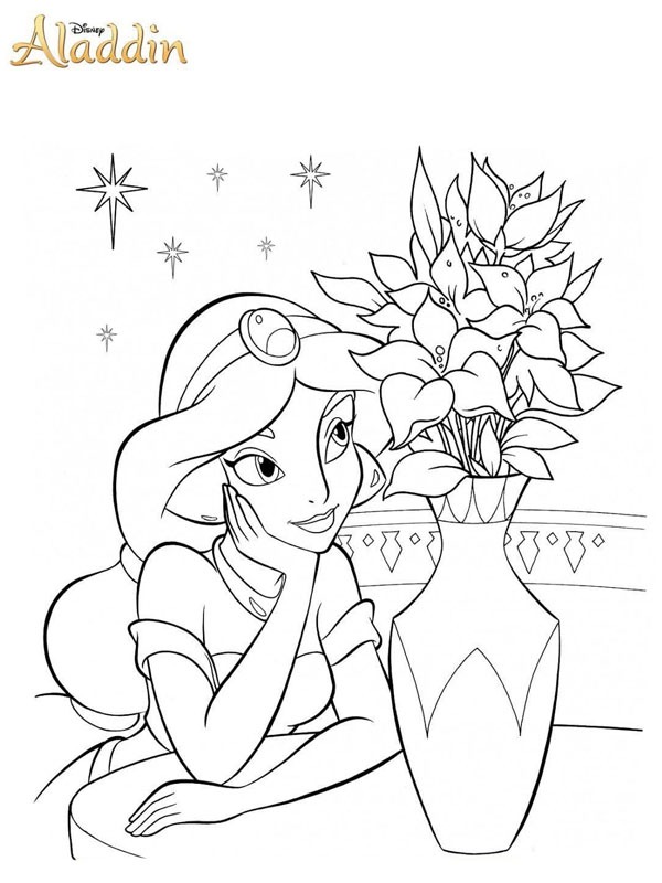 Ausmalbild jasmin schaut zu einer blumenvase