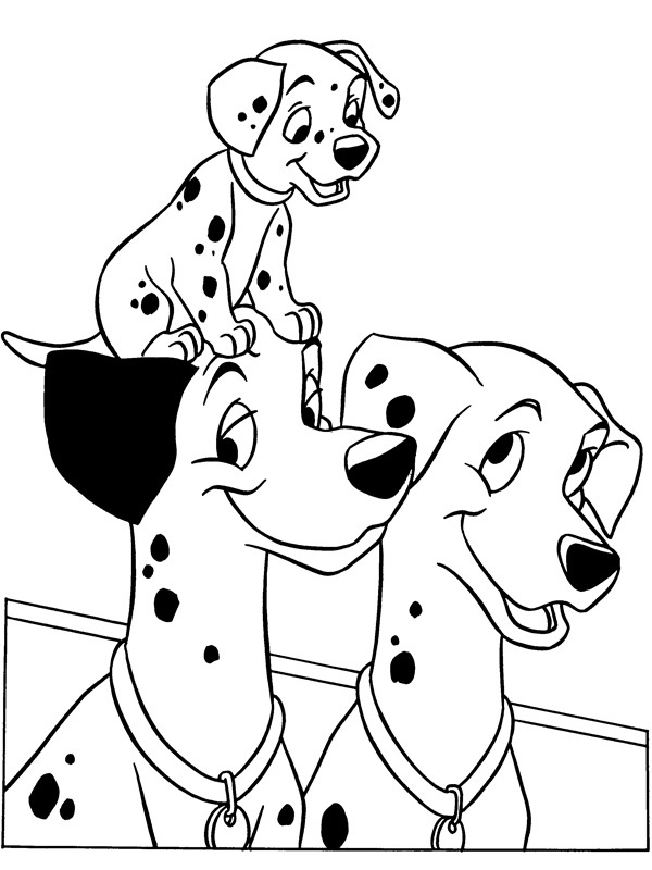 Ausmalbild pongo und perdita mit einem ihrer welpen