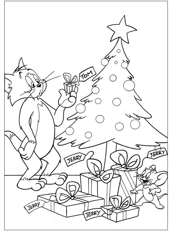 Ausmalbild tom und jerry vor dem weihnachtsbaum