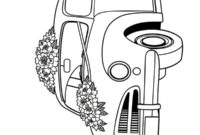 Ausmalbild blumen auf dem hochzeitsauto