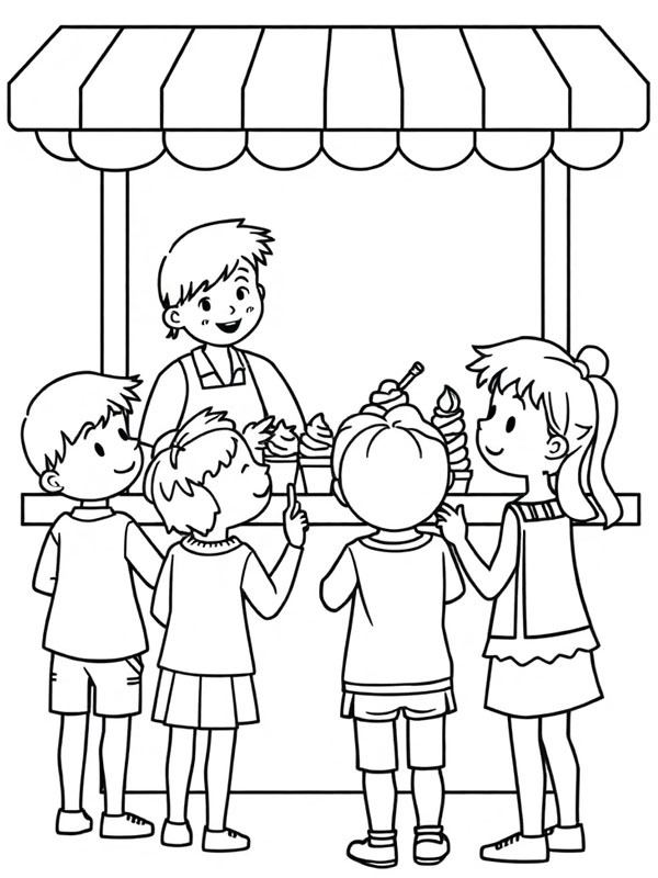 Ausmalbild eiswagen mit kindern