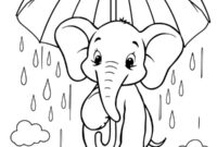 Ausmalbild elefant haelt einen regenschirm im regen fest
