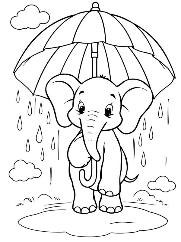 Ausmalbild elefant haelt einen regenschirm im regen fest