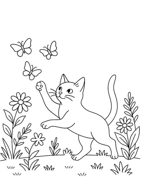 Ausmalbild katze jagt schmetterlinge