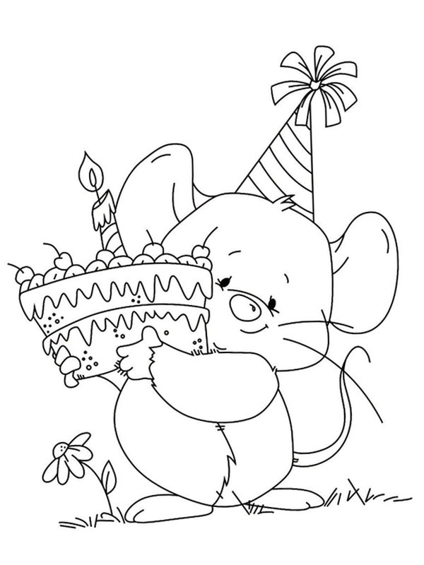 Ausmalbild maus mit geburtstagstorte
