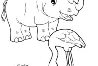 Ausmalbild nashorn und flamingo