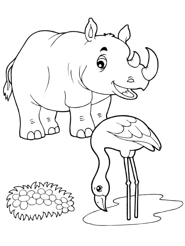Ausmalbild nashorn und flamingo