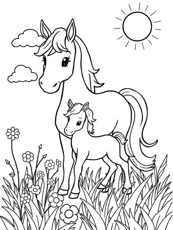 Ausmalbild pferd mit fohlen