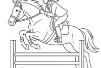Ausmalbild pferd und reiter springen ueber einen zaun