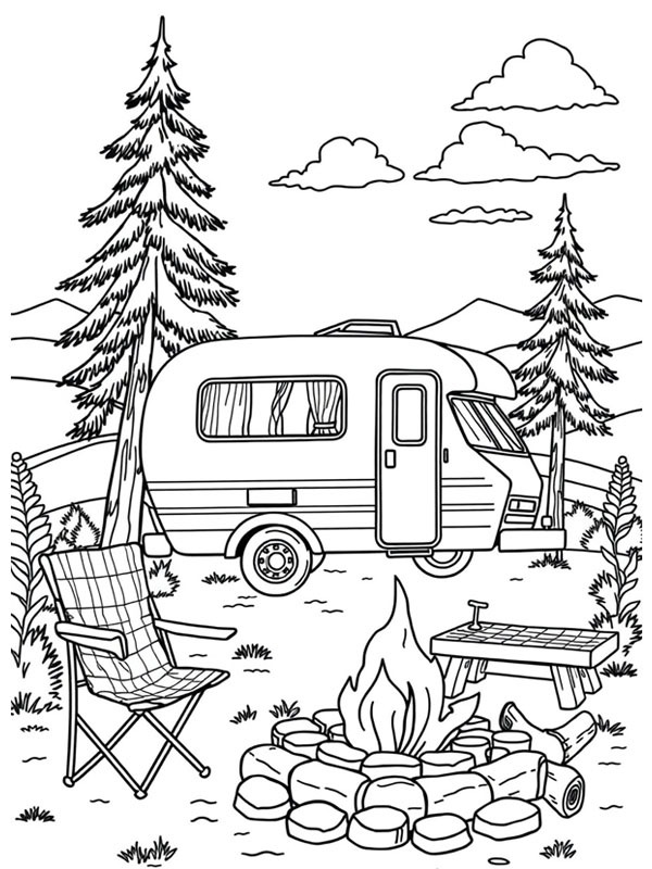 Ausmalbild wohnwagen mit lagerfeuer