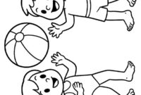 Ausmalbild zwei kinder spielen mit einem wasserball